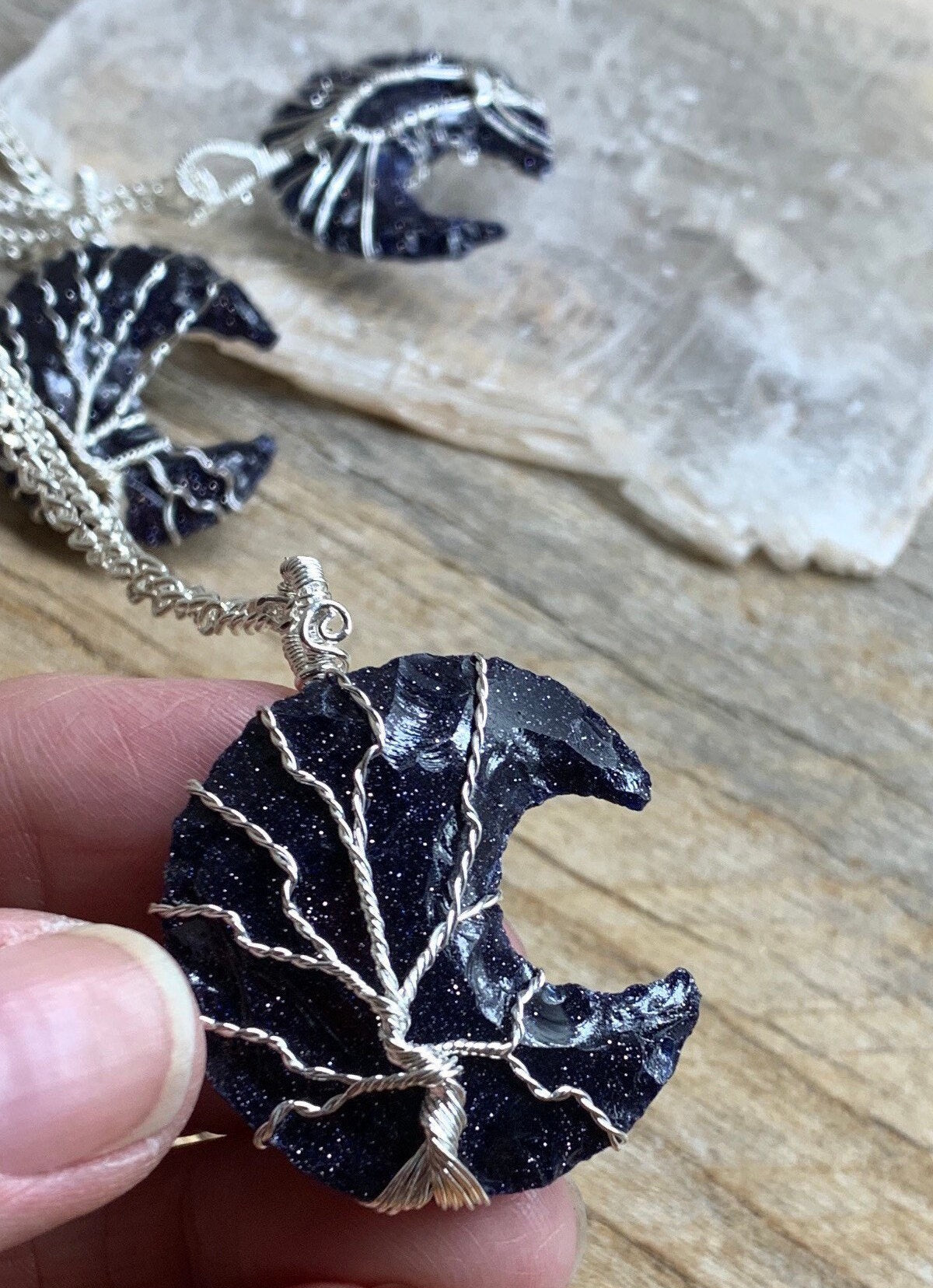 Blue Goldstone Knapped Wire Wrapped Necklace NCK-2381 Tree Of Life