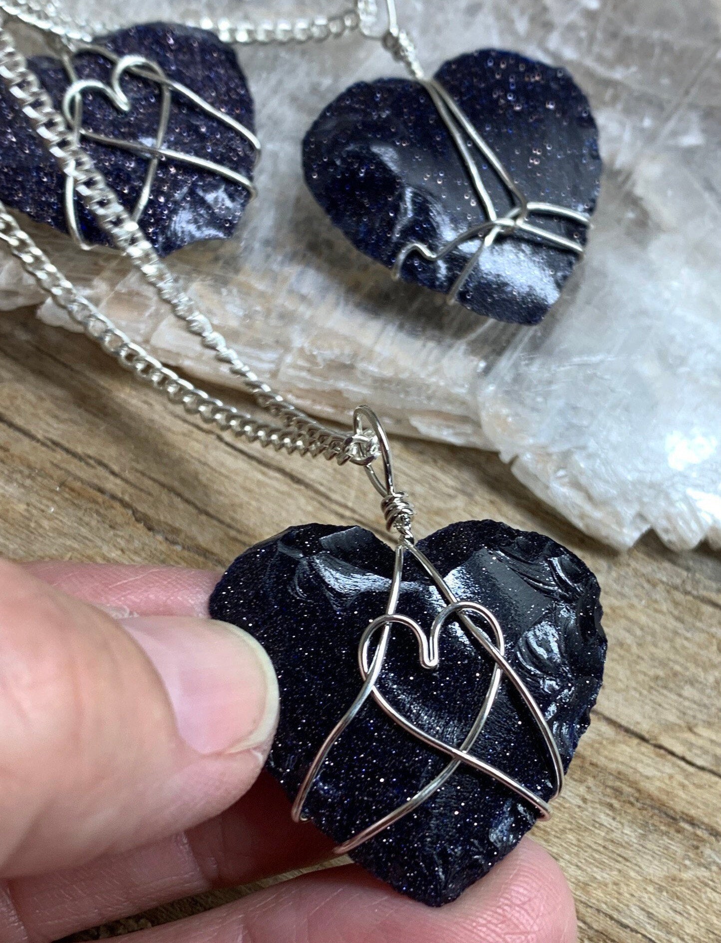 Blue Goldstone Knapped Heart Wire Wrapped Necklace NCK-2380