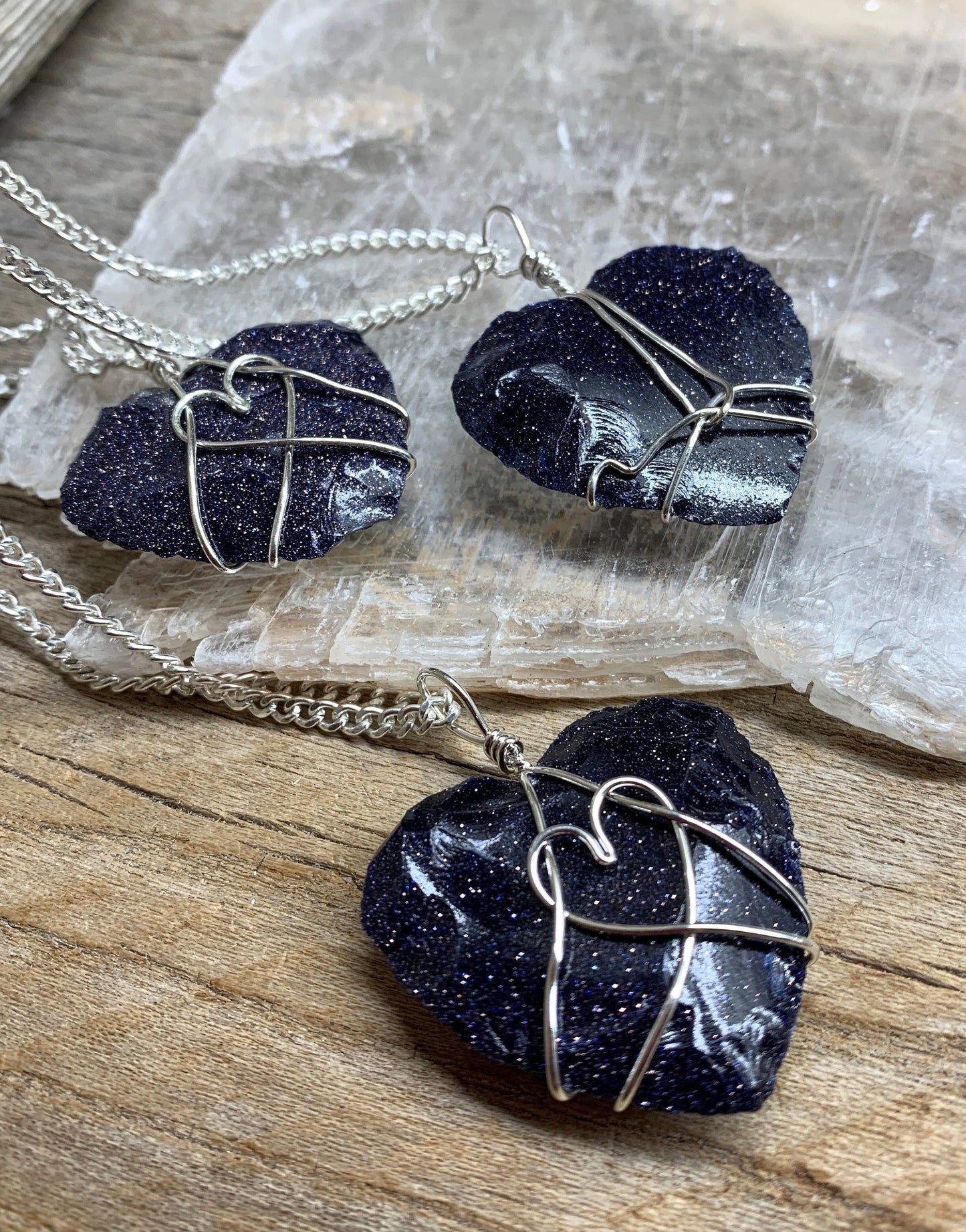 Blue Goldstone Knapped Heart Wire Wrapped Necklace NCK-2380