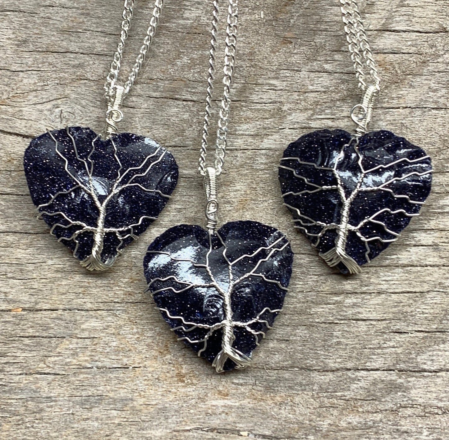 Blue Goldstone Knapped Wire Wrapped Necklace NCK-2379 Tree Of Life