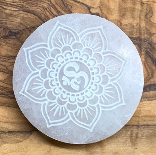 OM Symbol Mandala Selenite Etching S-0034 2 3/4”