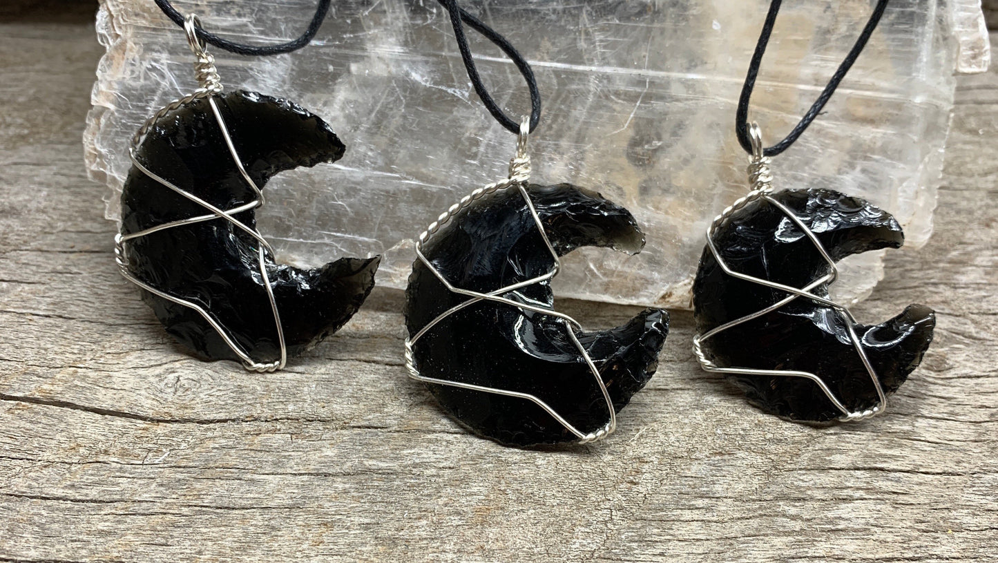 Black Obsidian Knapped Moon Wire Wrap Necklace NCK-2396