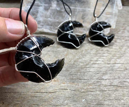 3 Silver wire wrapped obsidian crystal crescent moon pendants with adjustable black cords