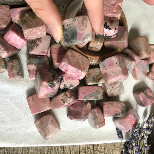 Rhodonite Cube, Tumbled Stone (Approx 1") for Wire Wrapping or Crystal Grid Supply 0701 - Shop Wholesale Crystals