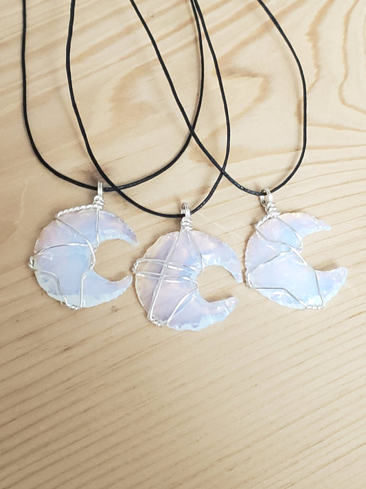 Opalite Moon Necklace, Wire Wrapped.  NCK-0323