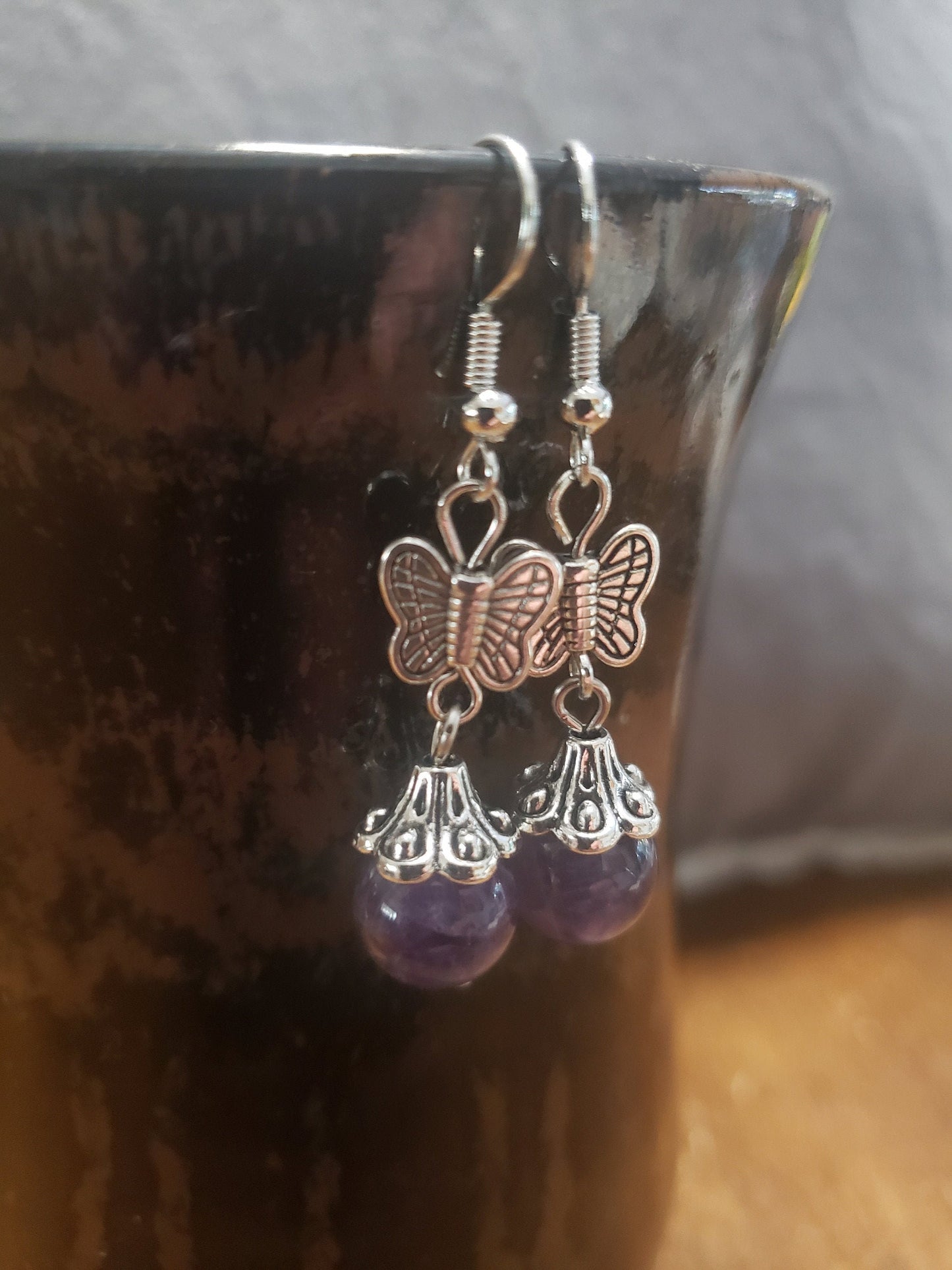 Amethyst Butterfly Earrings, Healing Crystals, Beautiful EAR-0002