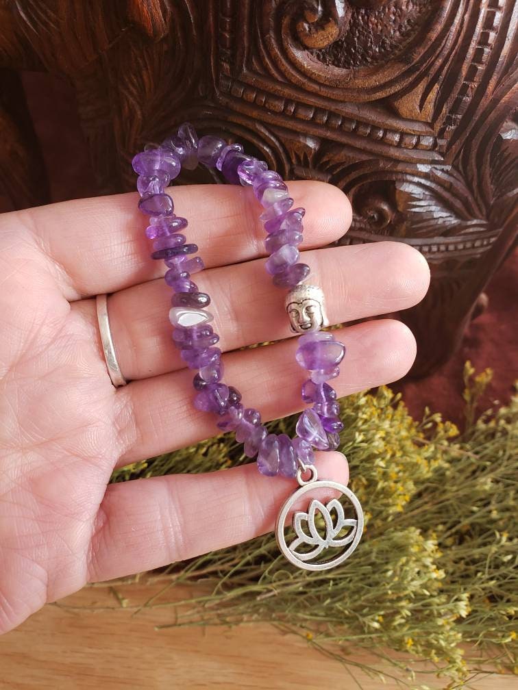 Lotus Flower-Buddha Amethyst Chip Bracelet BRC-0009