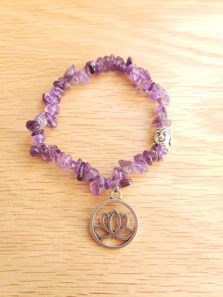 Lotus Flower-Buddha Amethyst Chip Bracelet BRC-0009