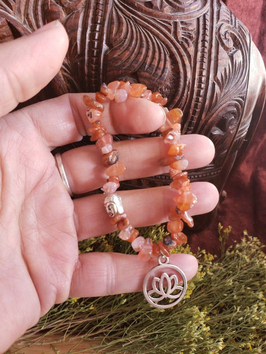 Lotus Flower-Buddha Carnelian Agate Chip Bracelet BRC-0010