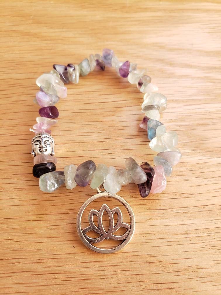 Lotus Flower-Buddha Fluorite Chip Bracelet BRC-0012