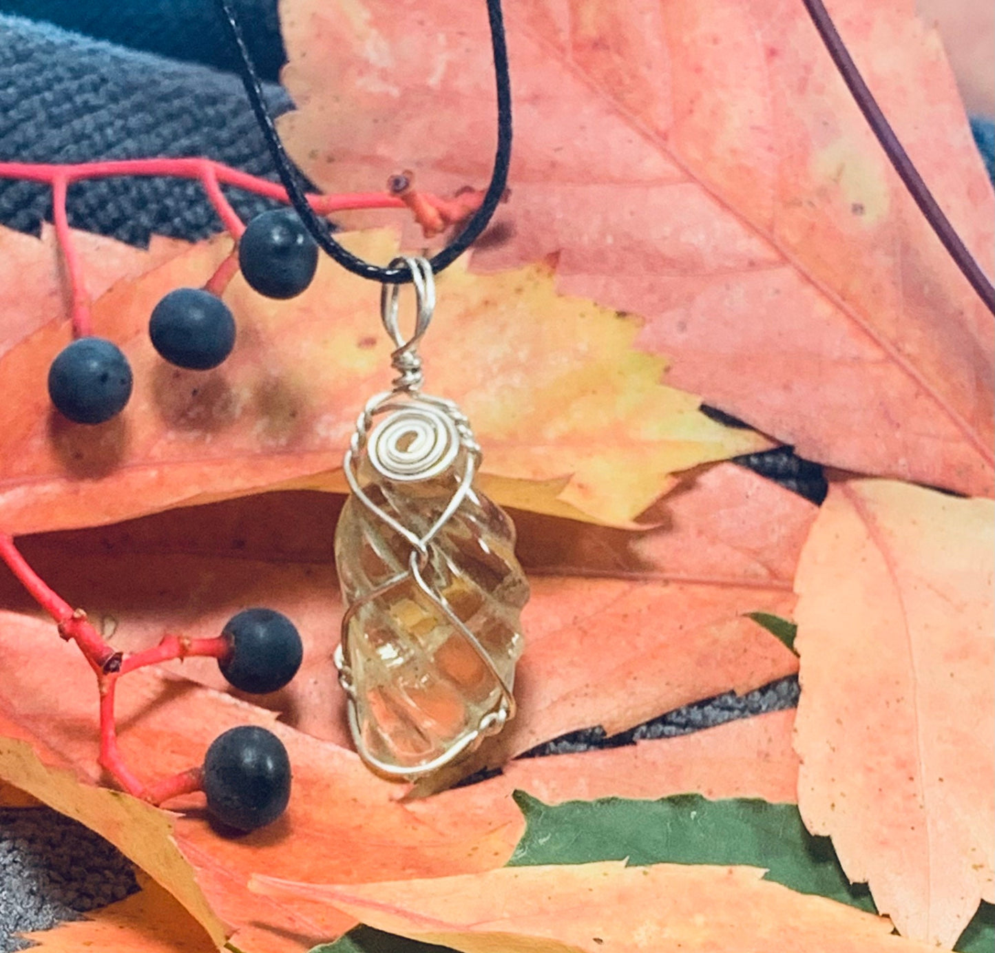 Citrine Sterling Silver, Wire Wrapped Necklace HOT ITEM, HOT-0023