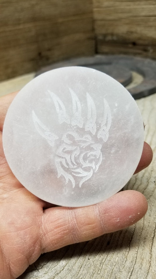 Selenite Carved Tile, Bear & Bear Claw Carving (Approx 3 1/4")  Crystal Charging Plate, Supply for Grid SEL-0023