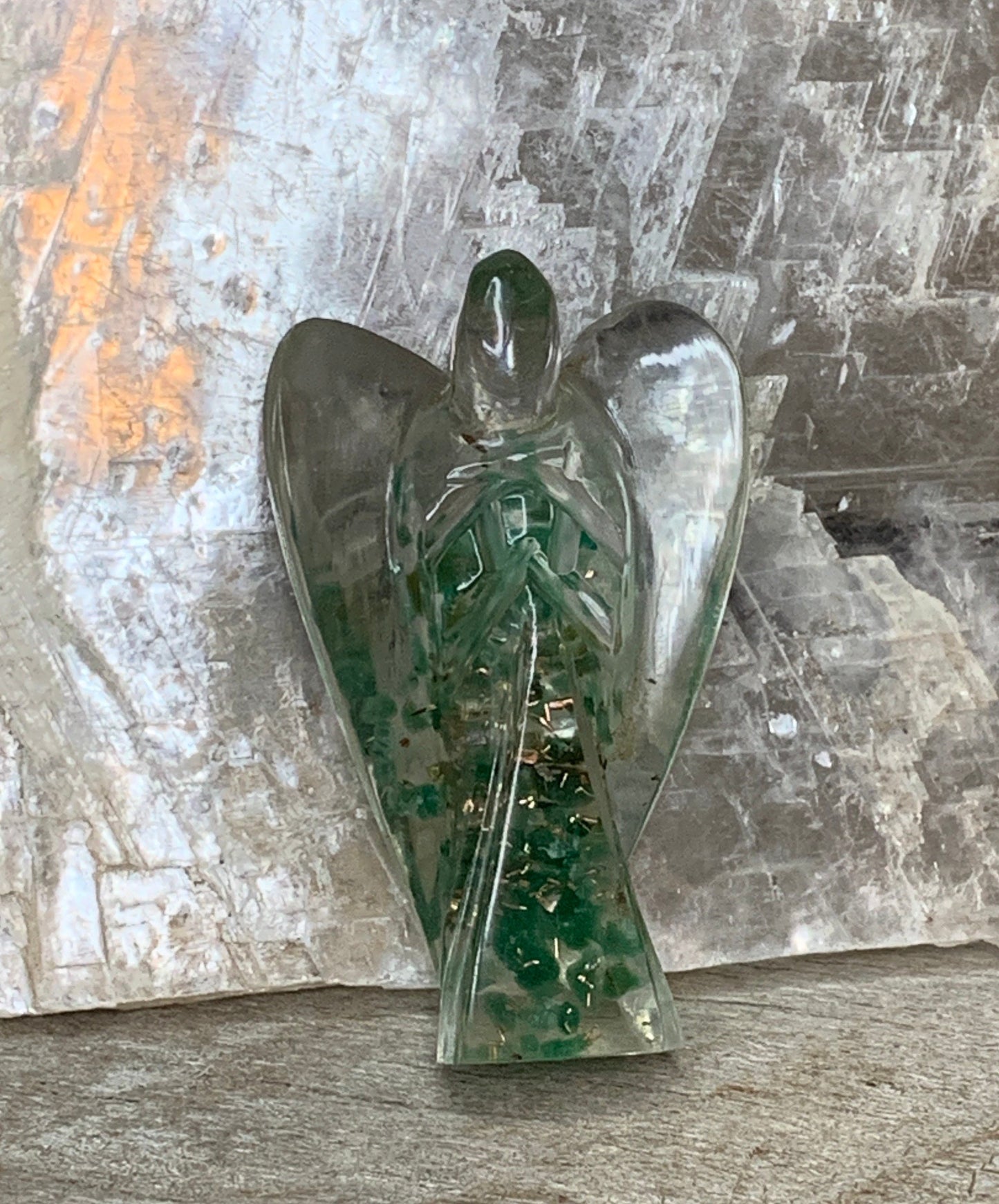 Green Aventurine Organite Angel Figurine 0082 (Crystals Imbedded in Resin)