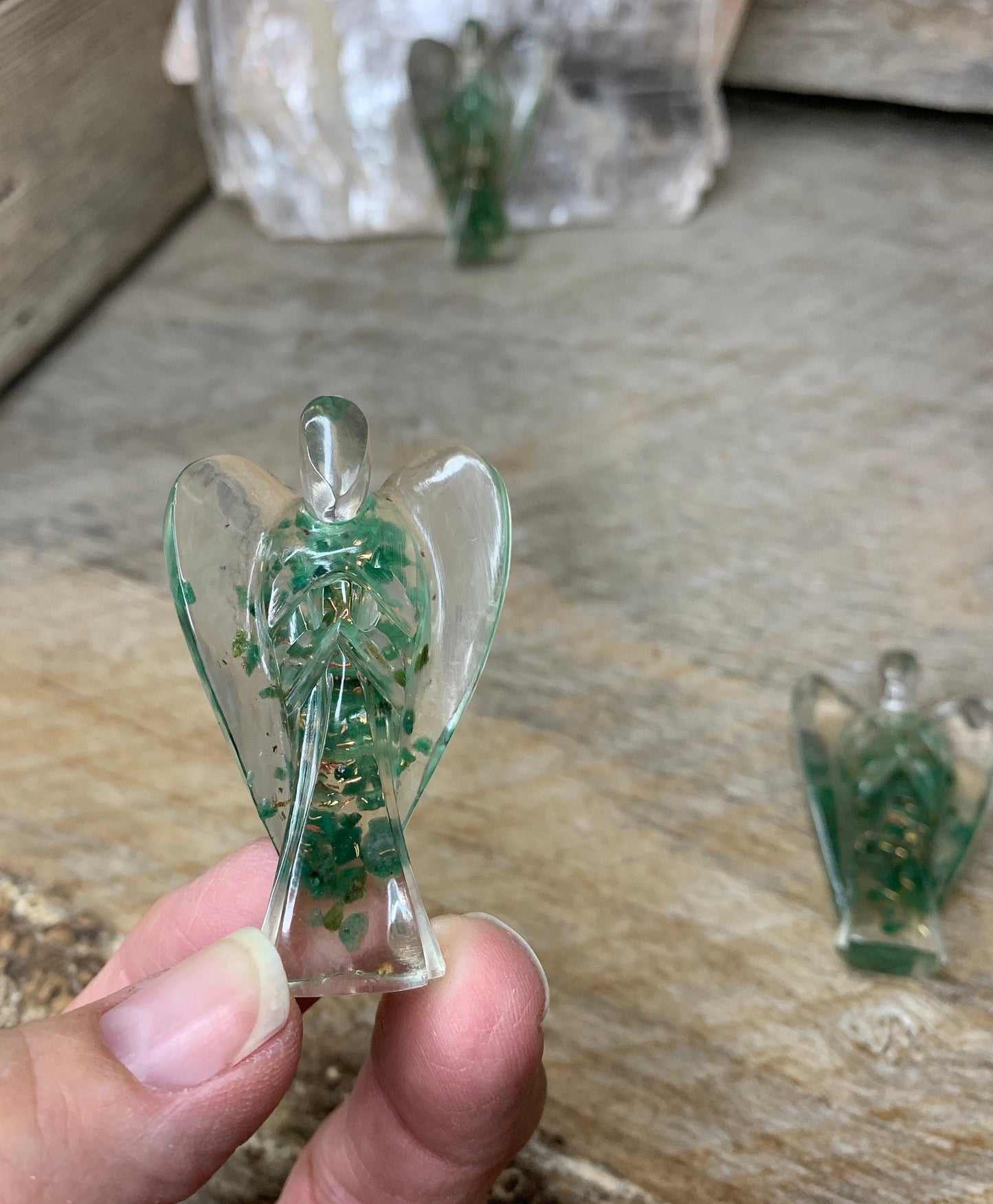 Green Aventurine Organite Angel Figurine 0082 (Crystals Imbedded in Resin)