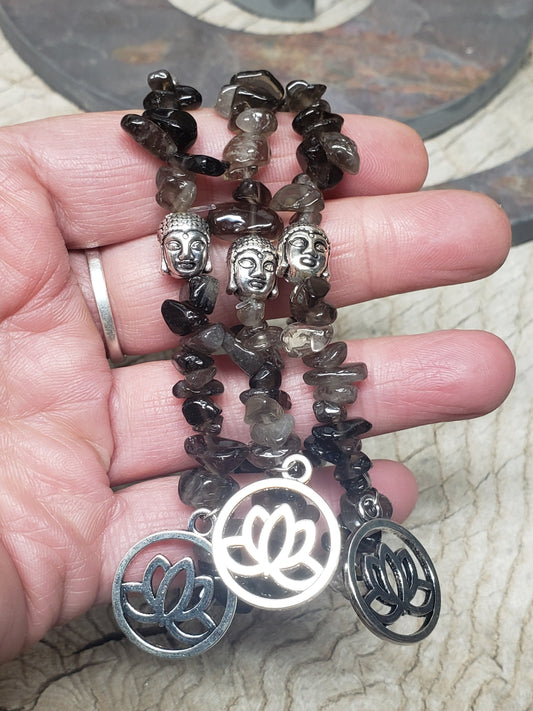 Lotus Flower-Buddha Smoky Quartz Chip Bracelet BRC-0030