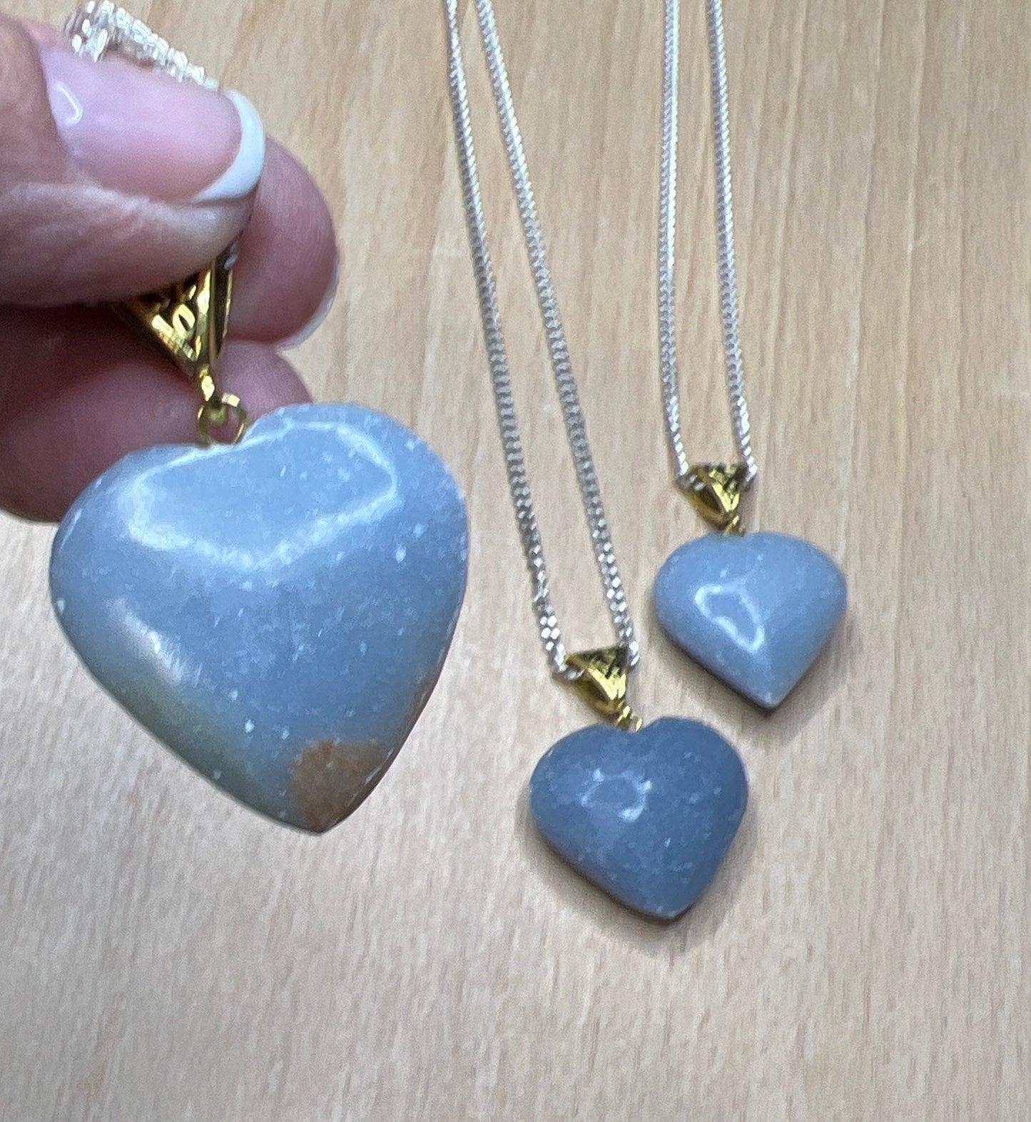 Angelite Heart Necklace w/ golden bale and 24” silver chain. NCK-0289