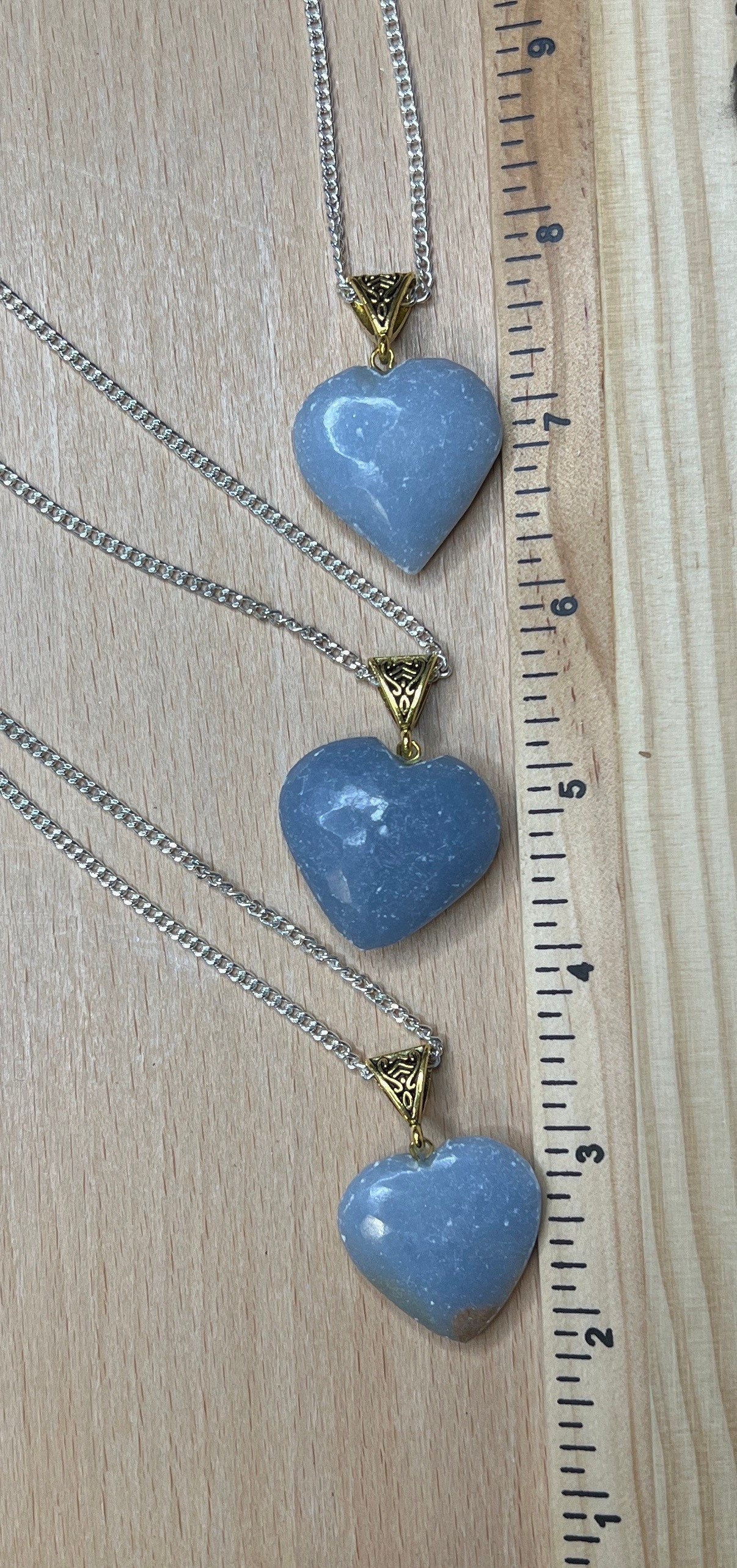 Angelite Heart Necklace w/ golden bale and 24” silver chain. NCK-0289