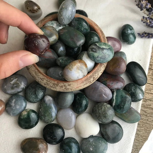 Polished Moss Agate, Tumbled Stone (Approx. 3/4" - 1 1/4" long) for Wire Wrapping or Crystal Grid Supply BIN-1259 Shop Wholesale Crystals