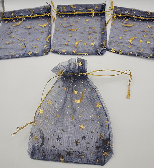 Midnight Blue Moon & Stars Organza Drawstring Bag BAG-0047 (Approx. 4”x 4 1/2”)