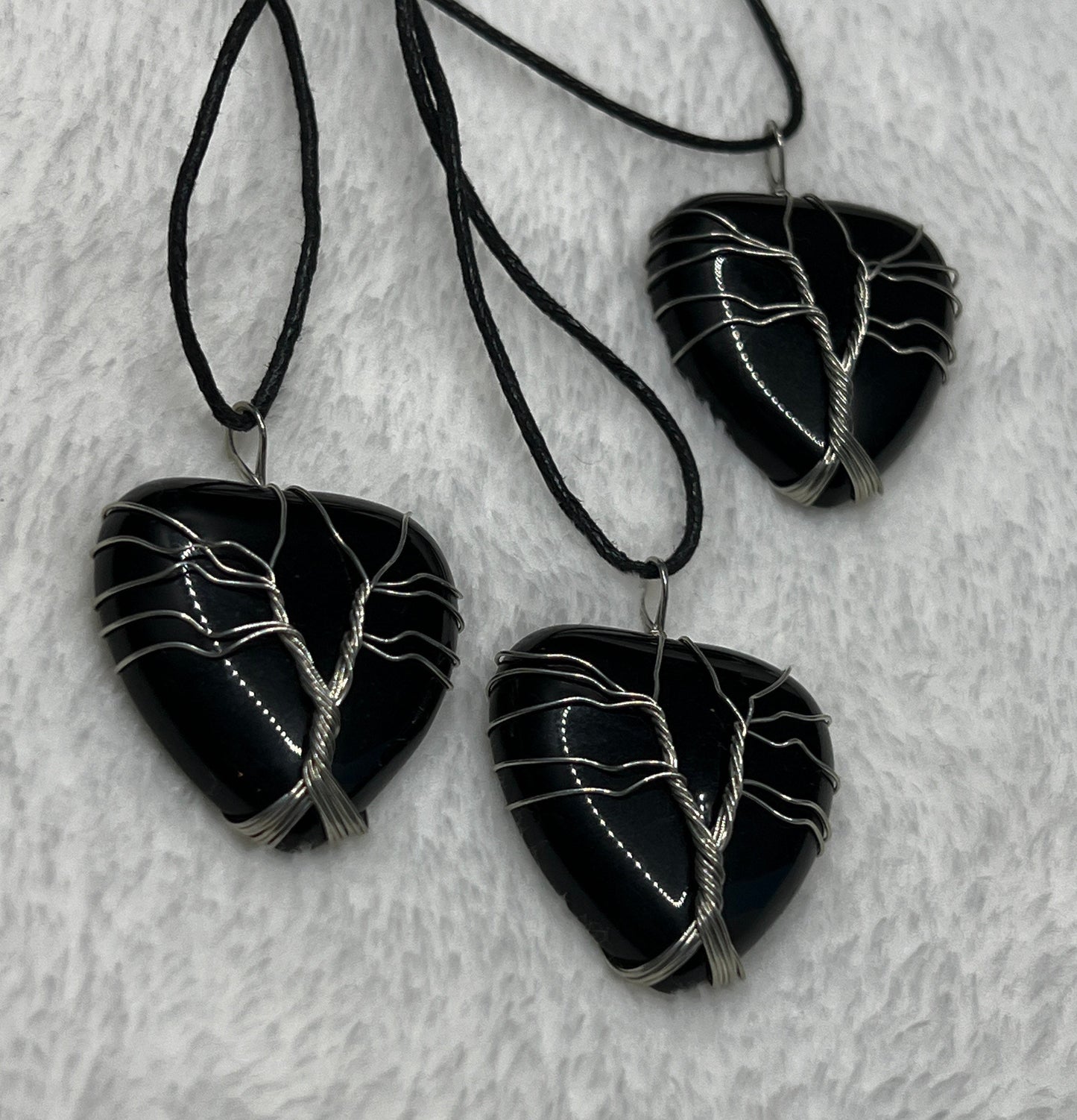 Black Obsidian Heart Wire Wrap Necklace, Tree of Life 1073