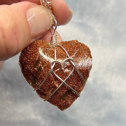 Goldstone Heart Wire Wrapped Necklace NCK-2391