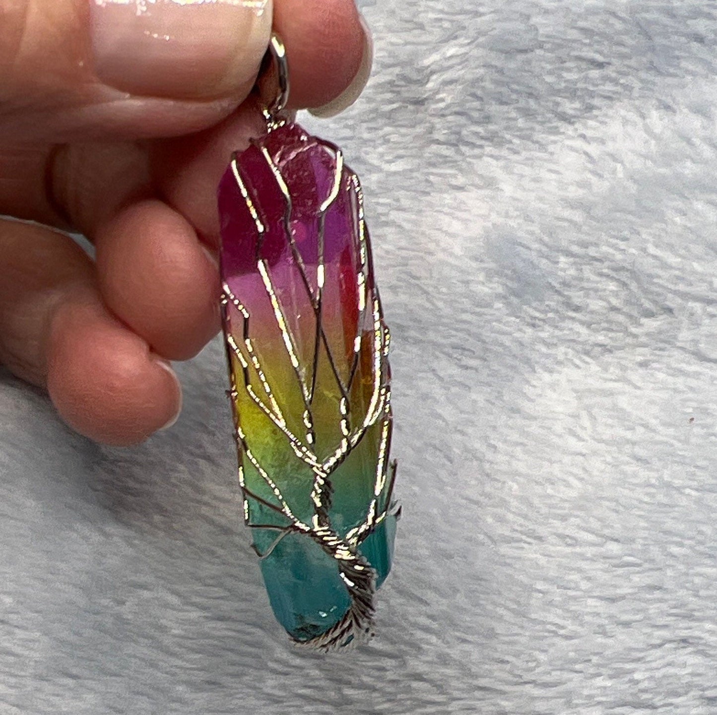 Rainbow Aura Quartz Tree Of Life Wire Wrapped Necklace NCK-2284