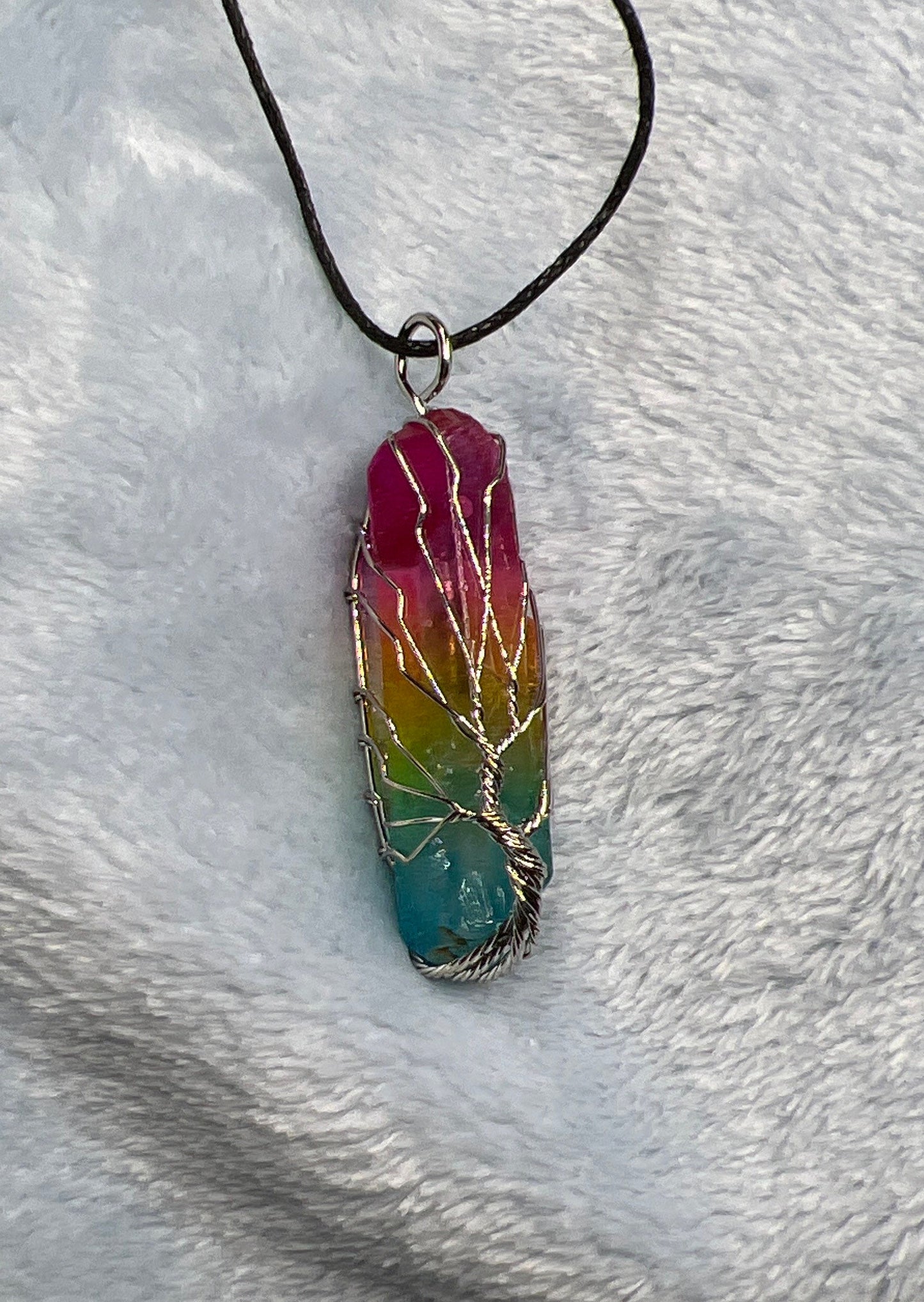 Rainbow Aura Quartz Tree Of Life Wire Wrapped Necklace NCK-2284