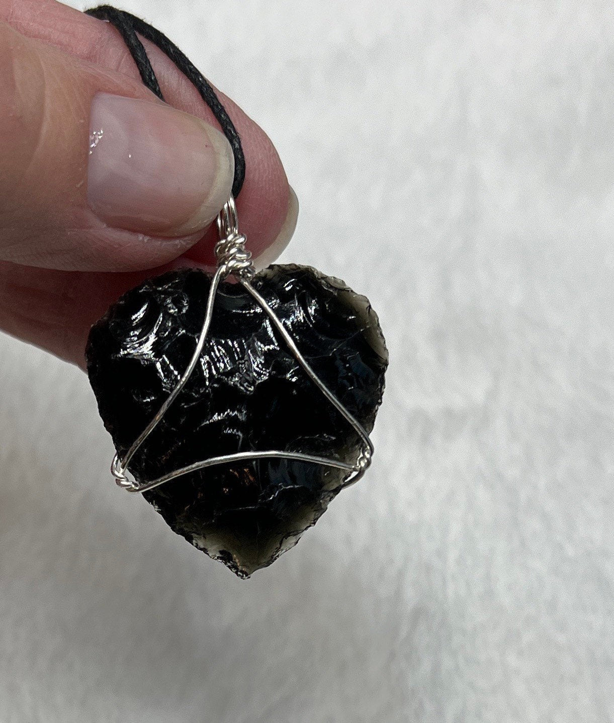 Black Obsidian Knapped Heart NCK-2395   Wire Wrapped Necklace