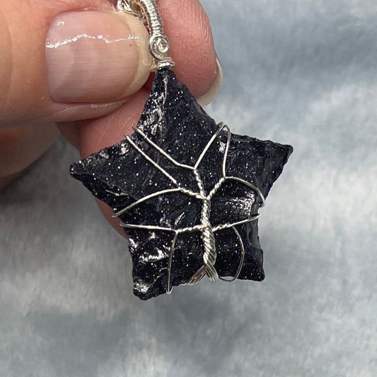 Blue Goldstone Knapped Star Wire Wrapped Necklace NCK-2385 Tree Of Life