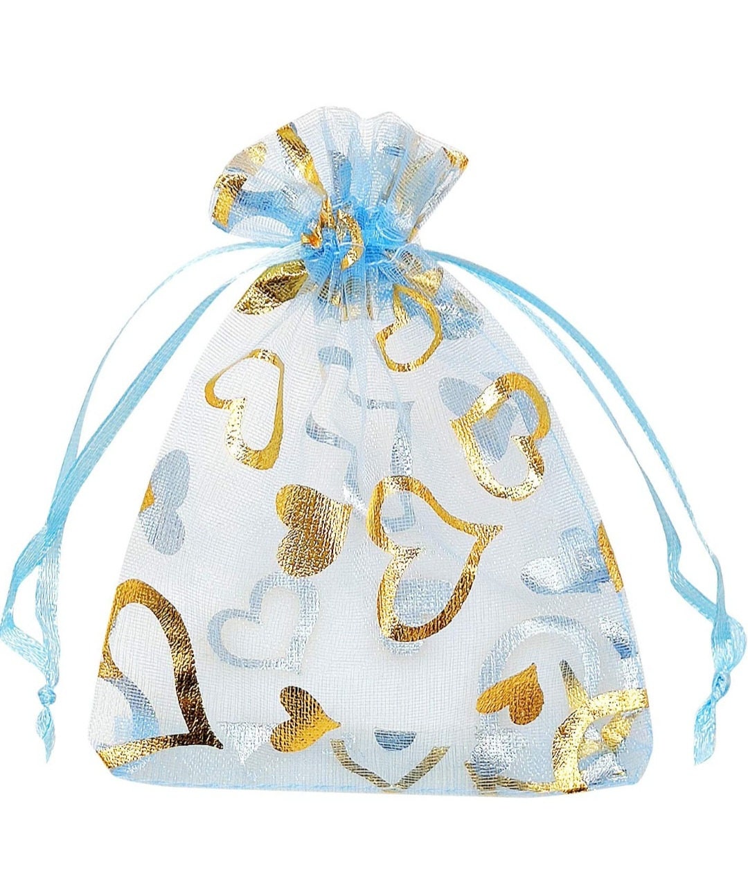 Heart Organza Drawstring Bag, Blue & Gold, Valentine's Day BAG-0049 (Approx. 3 1/2”x 4 1/2”)