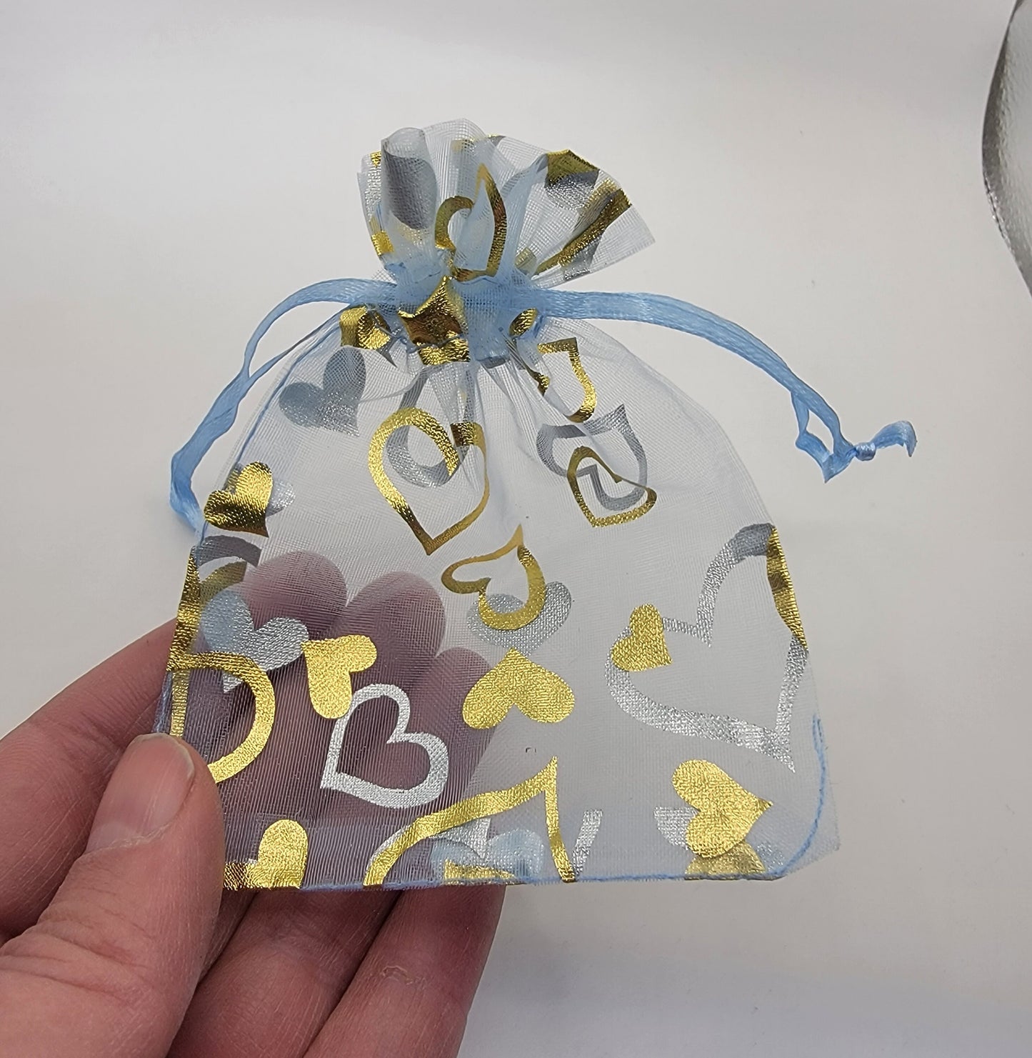 Heart Organza Drawstring Bag, Blue & Gold, Valentine's Day BAG-0049 (Approx. 3 1/2”x 4 1/2”)