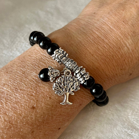 Black Obsidian Tree of Life Charm Bracelet     BRC-0188