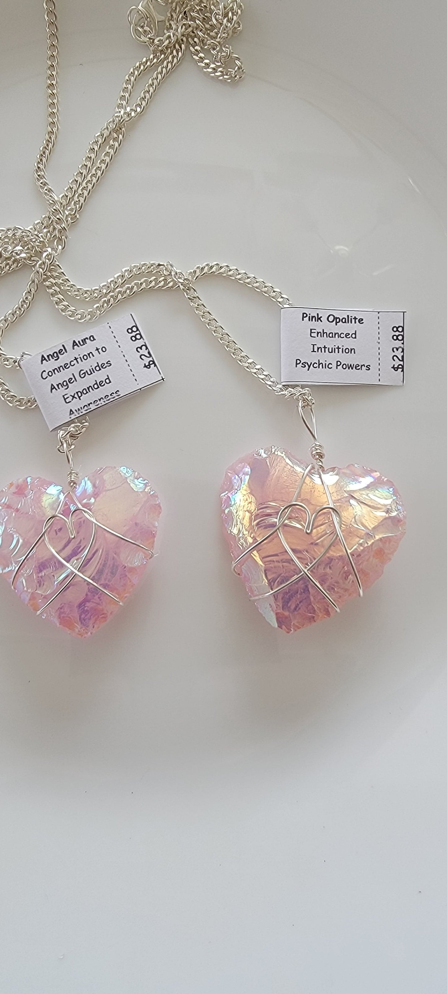 Angel Aura Pink Opalite Knapped Heart Wire Wrapped Necklace, Handmade WN-0024