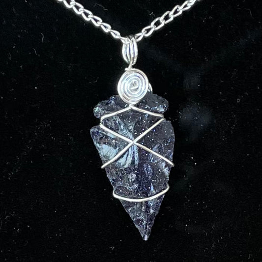 Blue Goldstone Arrowhead Wire Wrapped Necklace WN-0034