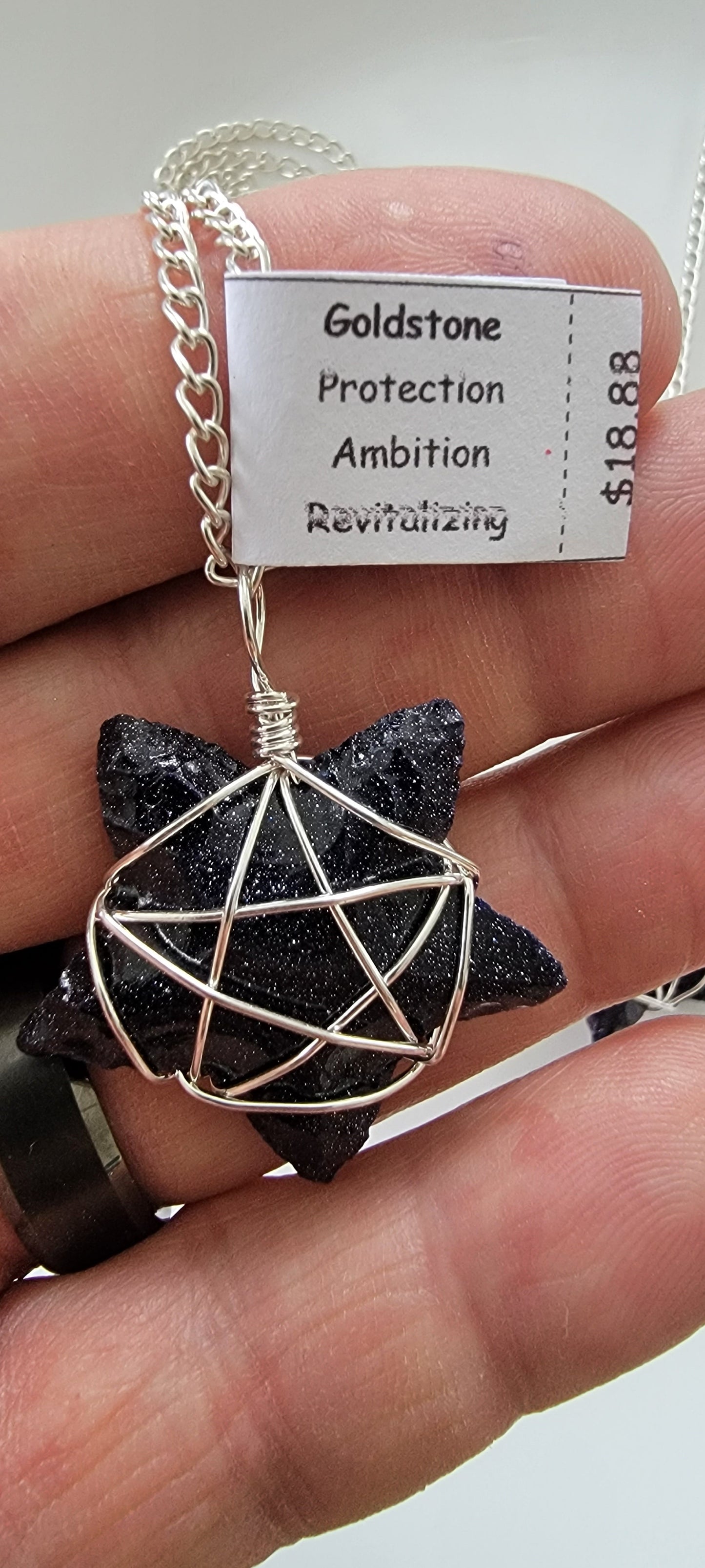 Blue Goldstone Knapped Star Wire Wrapped Necklace, Handmade WN-0008