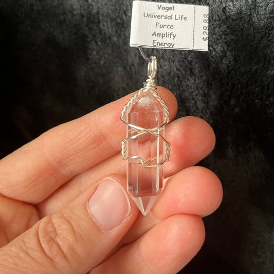 wire wrapped clear quartz vogel pendant attatched to an adjistable black cord.