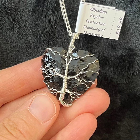 Tree of life, silver wire wrapped, knapped obsidian heart pendant with a silver chain.  obsidian heart crystal os approximately 1" X 1 1/4".