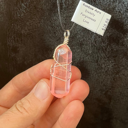 Pink Aura Quartz Wire Wrapped Necklace WN-0079