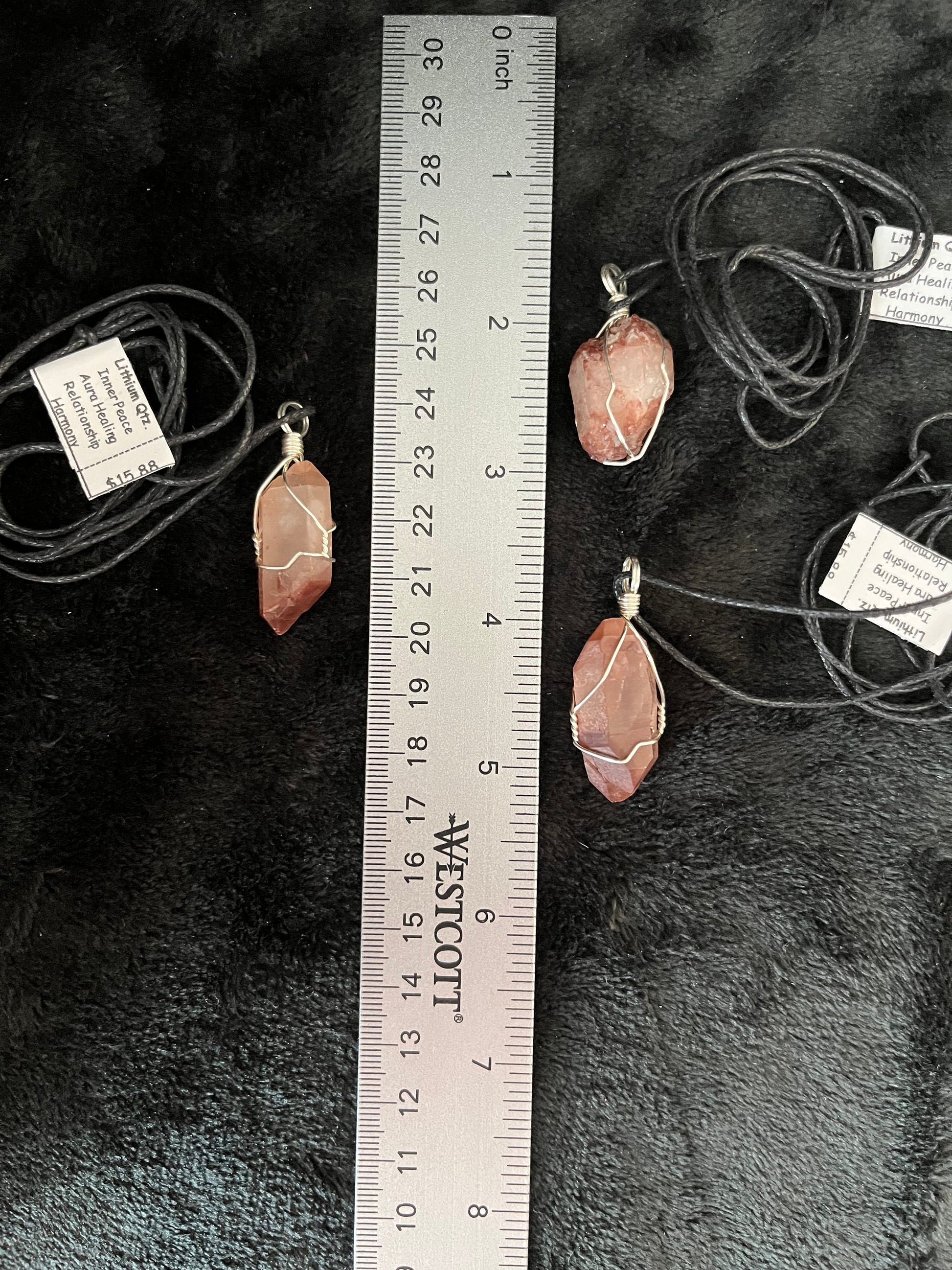 3 Silver wire wrapped lithium quartz crystal pendants with adjistable black cords, quartz crystals are approximately 1" - 1 3/4" long