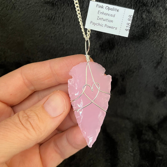 Pink Opalite Arrowhead Wire Wrapped Necklace, with 22”chain 1139