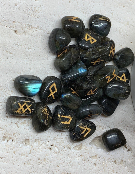 Labradorite Rune Set, 25 piece, gold embossed, metaphysical, top view