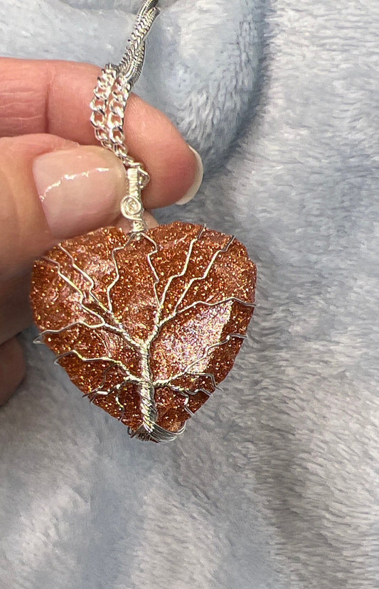 Goldstone Knapped Heart, Tree Of Life, Wire Wrapped Necklace NCK-2390