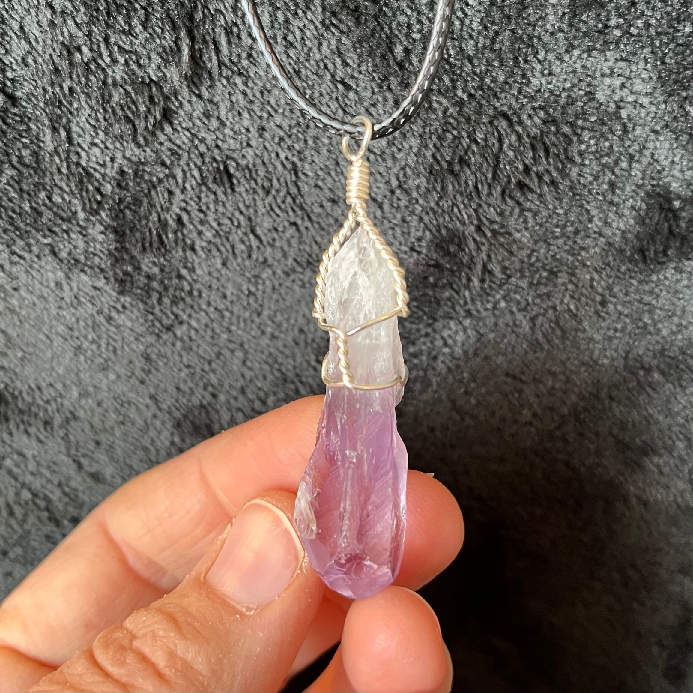 Customizable wrapped amethyst crystal necklace on chain or suede – Caesura  Studio