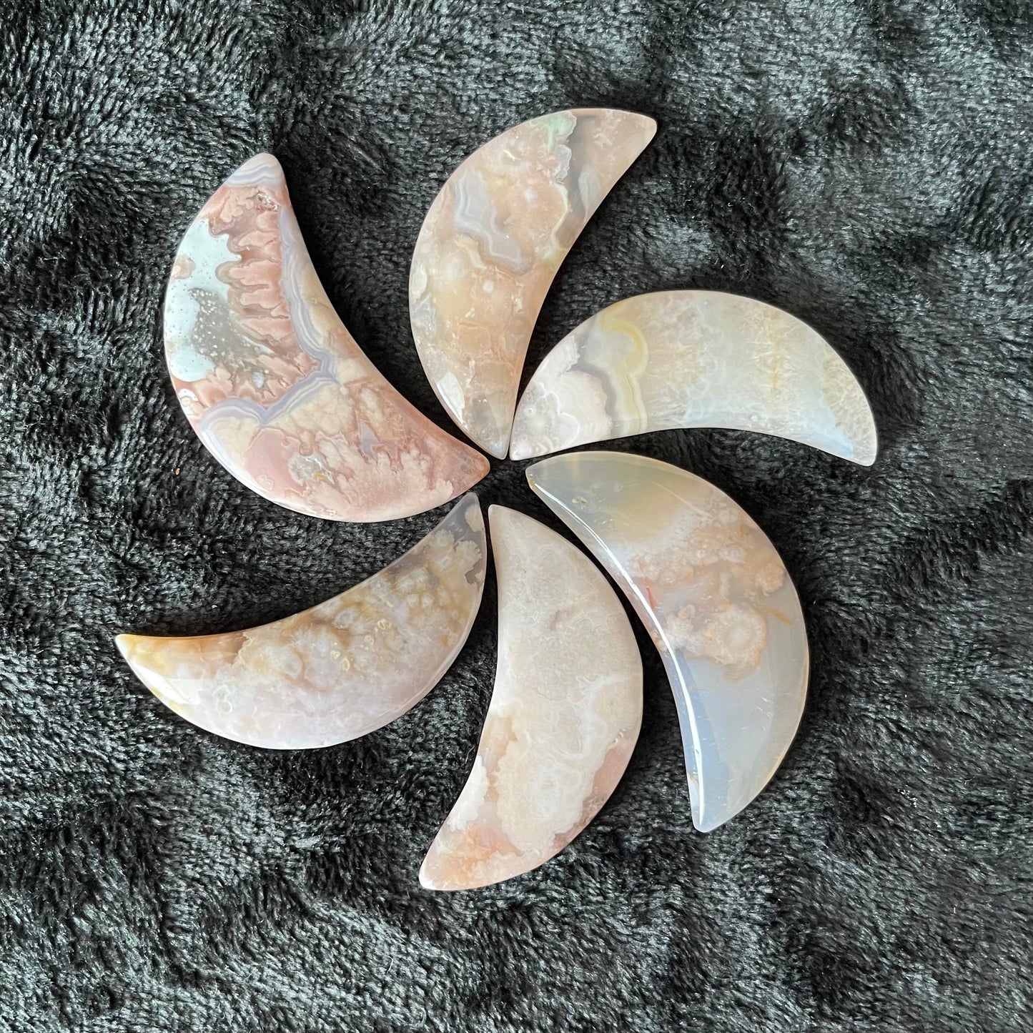 Flower Agate Moon  (Approx. 1 3/4” - 2 1/2”) 0986