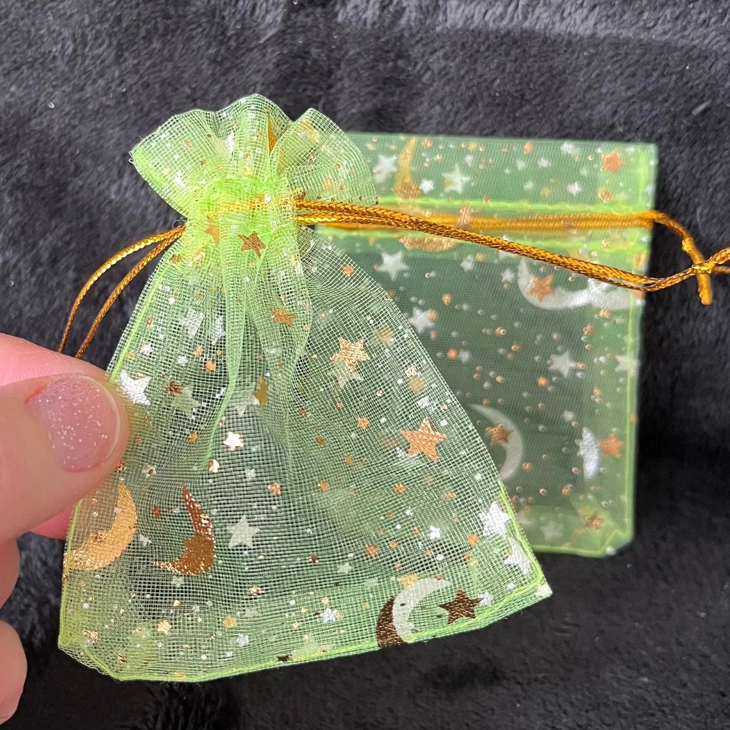 Light Green Sun, Moon, and Stars Organza Drawstring Bag (Approx. 2 1/4” - 3 1/2”) BAG-0200 Shop Wholesale Crystals