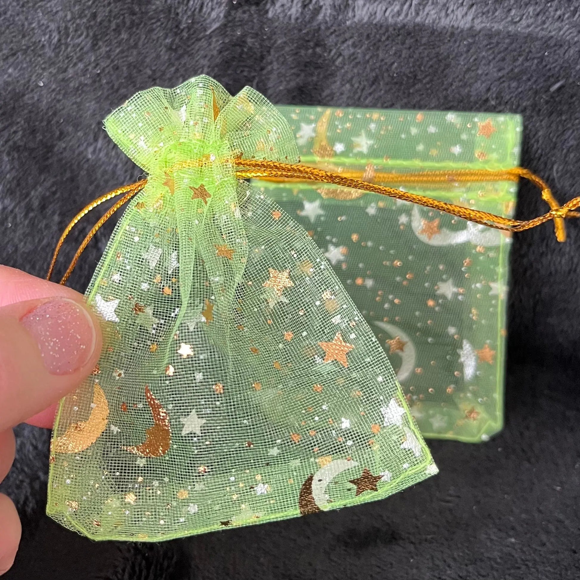 Light Green Sun, Moon, and Stars Organza Drawstring Bag (Approx. 2 1/4” - 3 1/2”) BAG-0200 Shop Wholesale Crystals