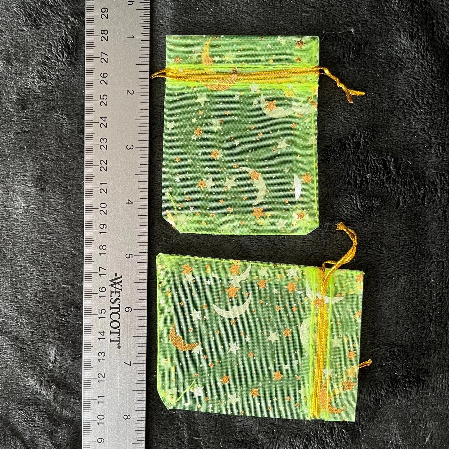 Light Green Sun, Moon, and Stars Organza Drawstring Bag (Approx. 2 1/4” - 3 1/2”) BAG-0200 Shop Wholesale Crystals