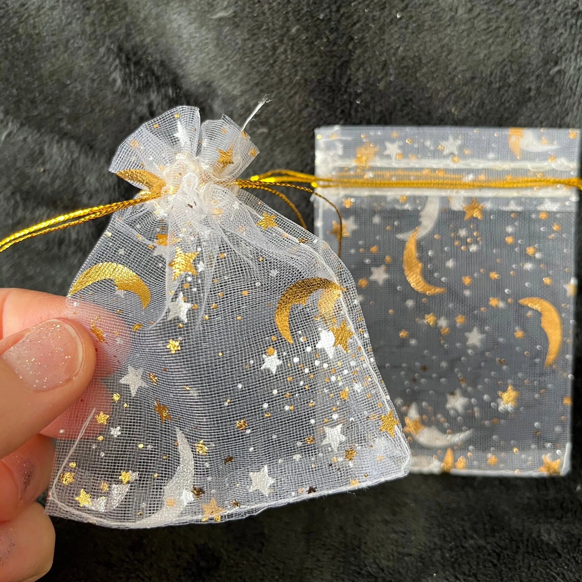 White Sun, Moon, and Stars Organza Drawstring Bag (Approx. 2 1/4” - 3 1/2”) BAG-0197 Shop Wholesale Crystals