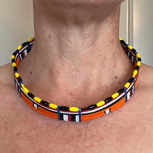 African Maasai Beaded Choker, Orange Tribal NCK-2906