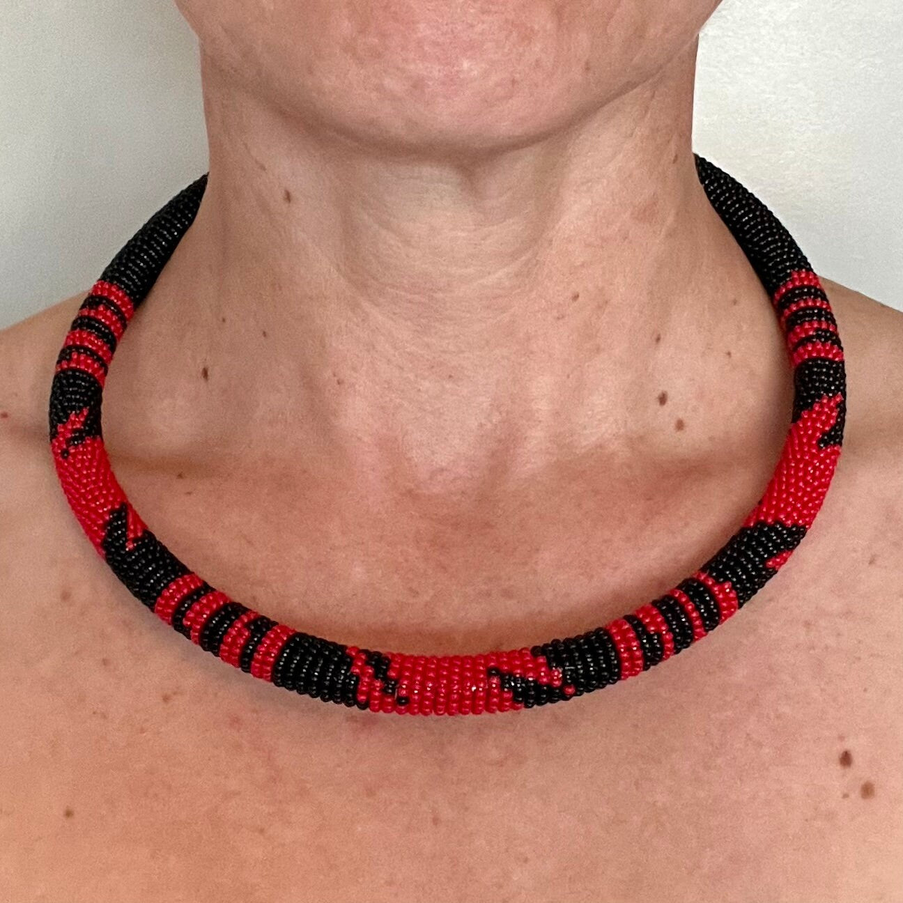 African Maasai Beaded Tribal Choker, Black and Red Tribal NCK-2907